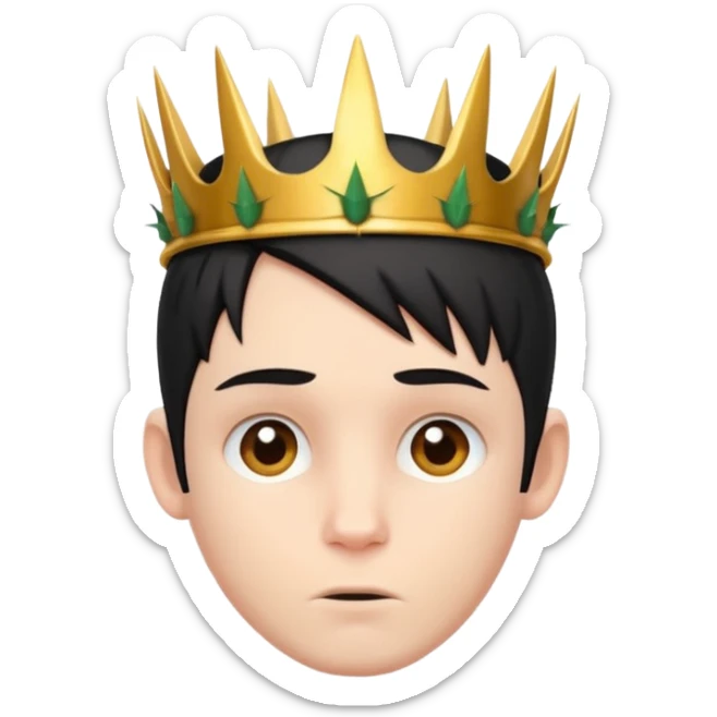 White boy with black short straight hair, has a horns on his forehead and wearing a crown of thorns sticker