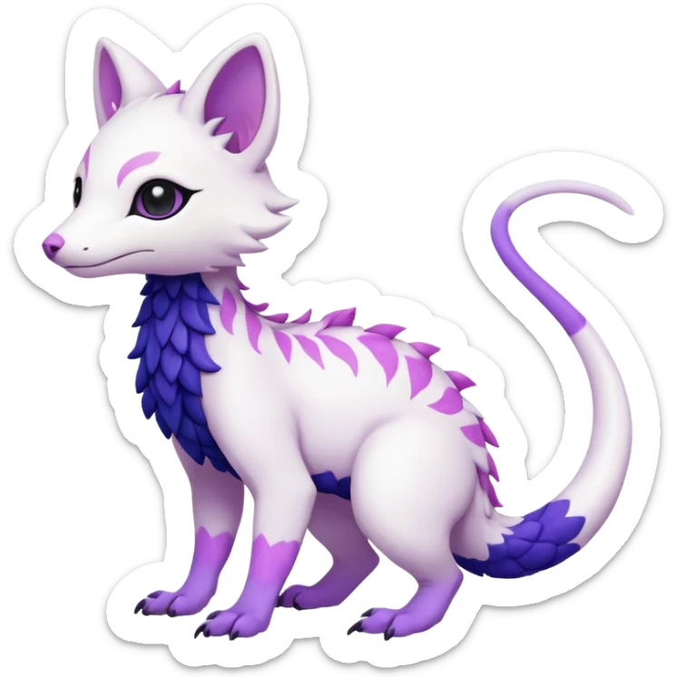 Pure-Snow-White albino cute with indigo-Violet-purple-pinkish markings beautiful handsome gorgeous aesthetic colorful vibrant Vernid-Trico-species-Fakemon-creature by LiLaiRa, 4 legs, 1 tail, random markings, (full body) sticker