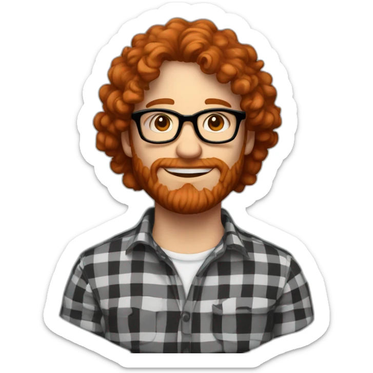 man. around 25. redhead. curly hair. with beard and glasses. shirt with black and red checks sticker