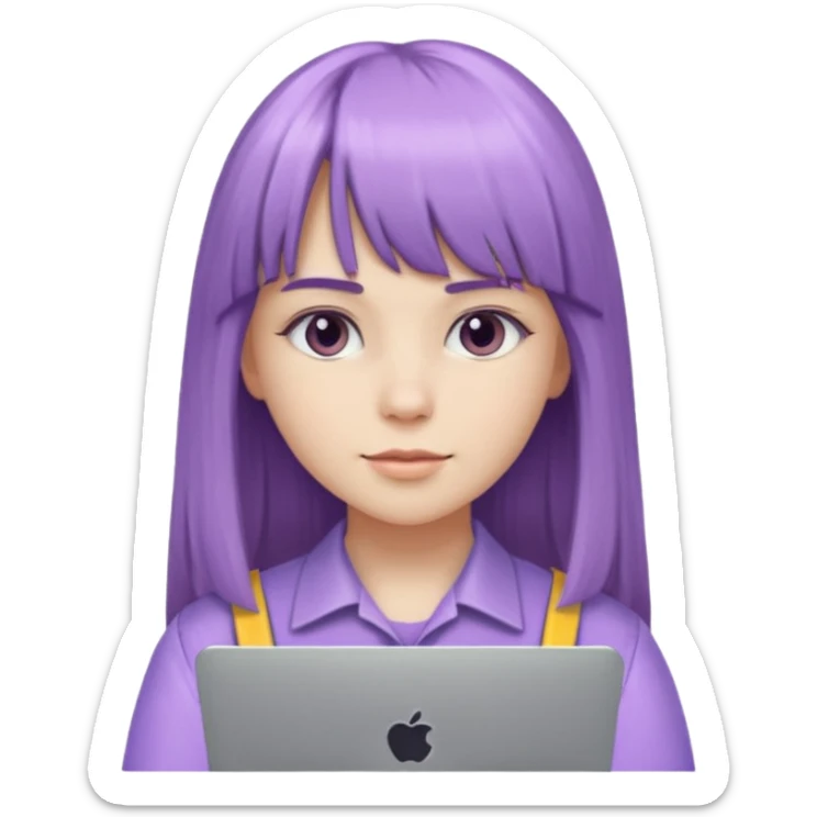 lilac girl with long hair and bangs worker and acessories with a pc worten sticker