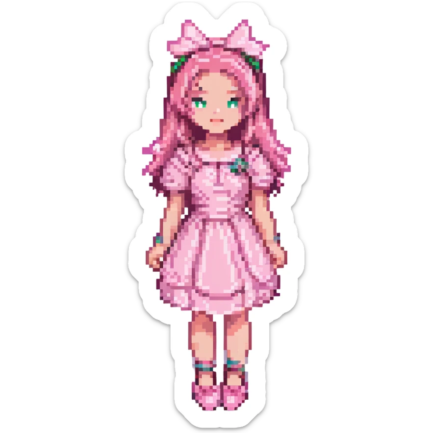 Add girly hair, a pink dress, and pretty shoes to the character. Keep the same proportions, pose, and pixel art style as the reference. Background transparent. sticker