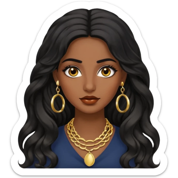Attractive middle eastern woman with a wide face, baddie look, dark skin, Long wavy black hair and gold hoop earrings sticker
