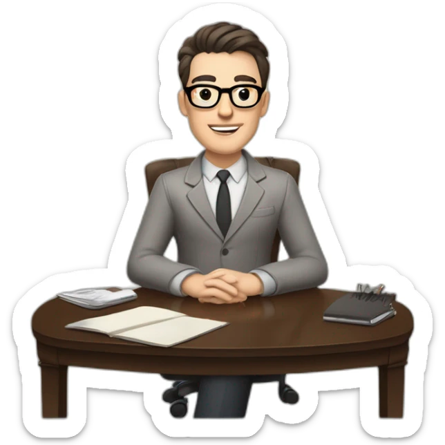 Pale skinned Fit Man With dark brown hair in gray jacket, beige office shirt and vintage glasses sitting In a soft chair with a notebook with emblem Ψ and a pen in his hands sticker