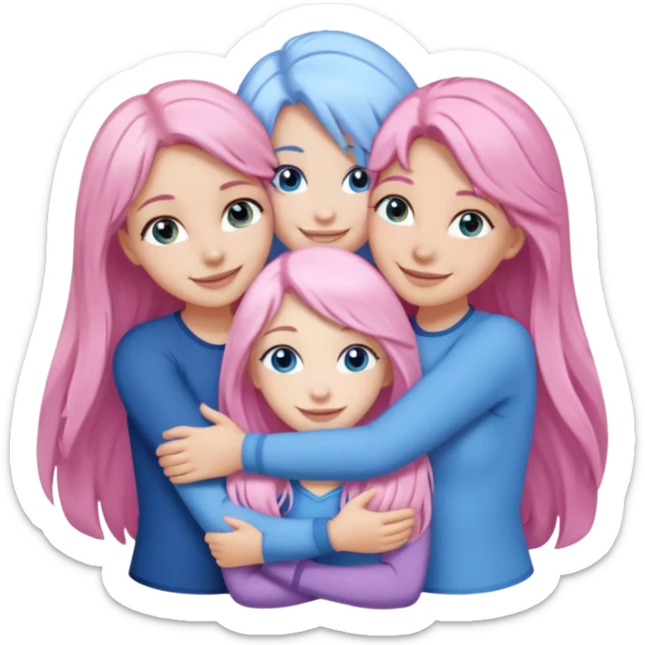 four white grips hugging and smiling    2 girls with brown eyes and long dark brown hair. One girl with long light pink hair and blue eyes, one girl with blue eyes and light blonde hair sticker