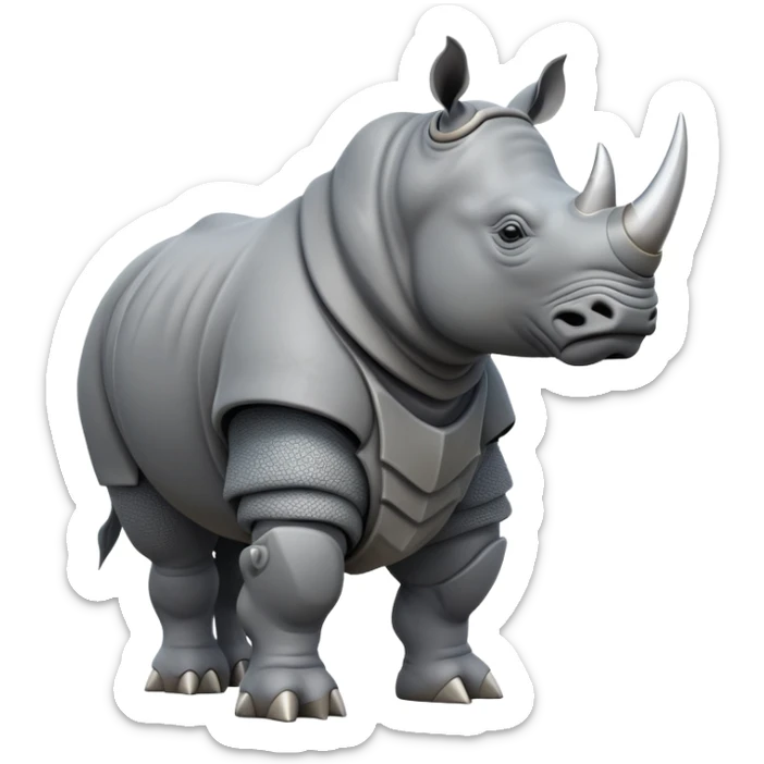 cinematic-rhino-full-body-standing-emoji,slate grey skin -massive-armored-body-poised-powerfully,-thick-horn-curving-slightly-forward,-head-tilted-dramatically,-rough-grey-hide-covered-in-dust,-simplified-focused-features sticker
