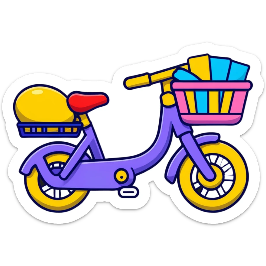 small kids bike in soft pastel pink with a basket and streamers sticker