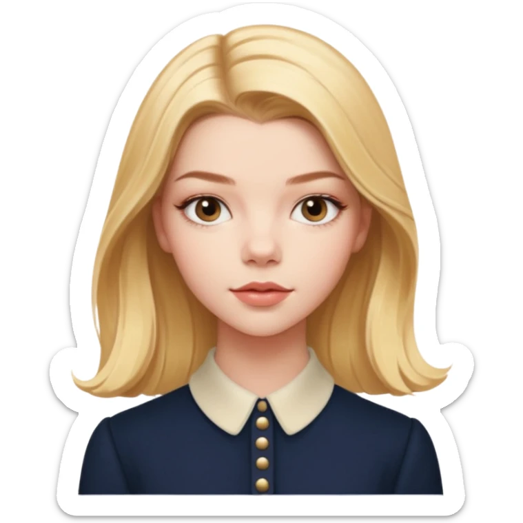 Cinematic Realistic Anya Taylor Joy Portrait, depicted with lifelike skin texture, subtle rosy undertones, and soft natural lighting that enhances the gentle contours of her face. Her intricately detailed golden blonde hair is elegantly. sticker