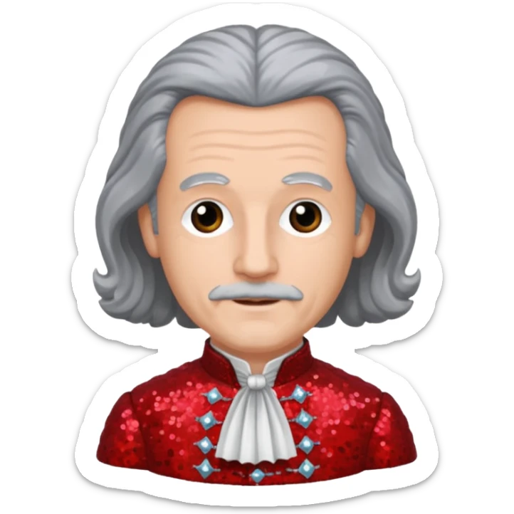 Johann Konrad Dippel (1673-1734) with gray hair, red sequin outfit sticker