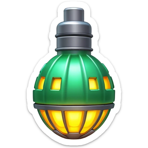 Clash of Clans aesthetic: Cinematic Playful 3D Isometric Plasma Grenade Emoji, rendered in a 3D vector-style similar to standard emojis with minimal shading and bold, simplified shapes. A compact, distinct form with signature details, softly glowing with a futuristic sci-fi warfare charm. Simplified yet unmistakably iconic, highly detailed and consistent, glowing with a soft radiance and high shine. Stylized with a touch of high-tech brilliance and a soft glowing outline, capturing the essence of a beloved gaming relic with a friendly, playful manner! sticker