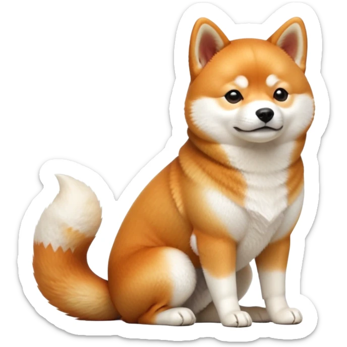cinematic-[shiba inu]-realistic-full-body-sitting-emoji,-tail-resting-loosely-beside-its-paws,-head-tilted-dramatically, -fluffy-[orange white]-fur,-simplified-yet-realistic-focused-features,-highly-detailed,-glowing-with-an-almost-sarcastic-glow sticker