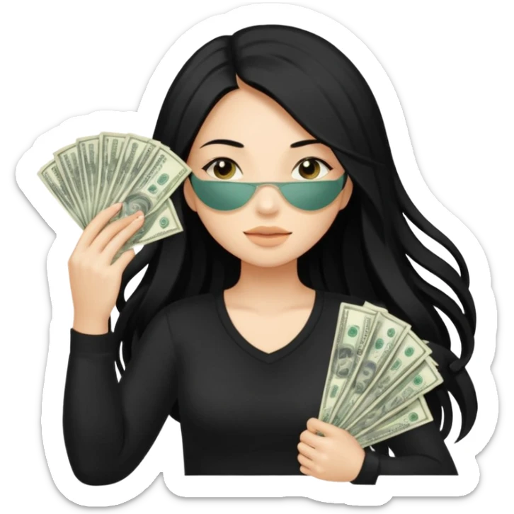A cartoon-style sticker: a girl with long black hair covers her face with a fan of stacks of dollar bills. She is wearing a black top, and her pose conveys a sense of wealth and slight confidence. sticker
