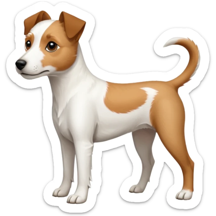a full body white parson russell looking dog the size of a kelpie with light brown ears and a light brown patch on one eye and a large snout sticker