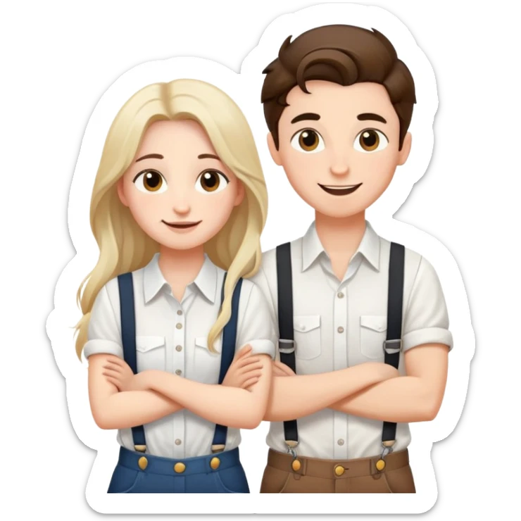 A boy in a white shirt and a girl with long hair and suspenders crossed their arms over their chests - with happy faces sticker