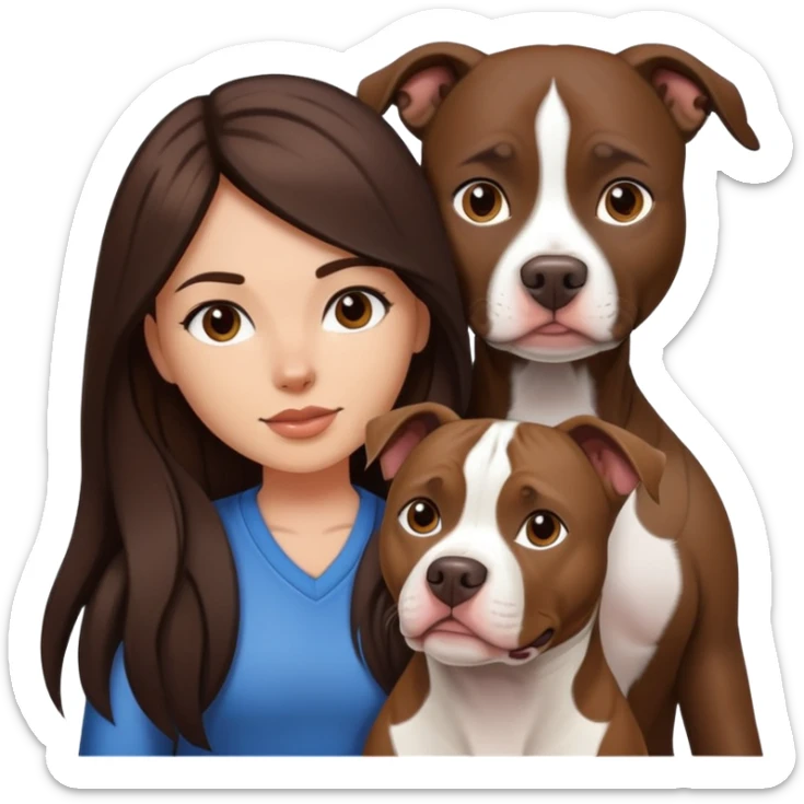 girl with dark brown long hair with her pitbull dog brown and white sticker