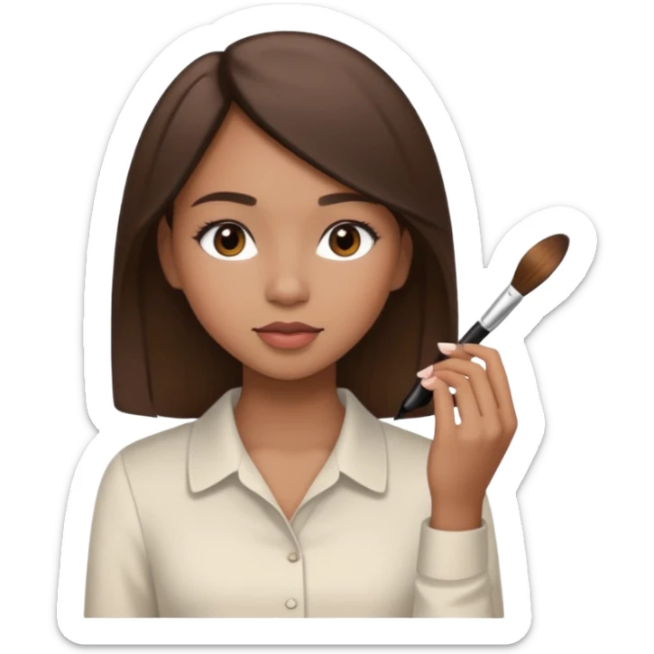 Draw a mixed-race girl applying makeup, wearing a clean girl blouse and with straight brown hair  sticker