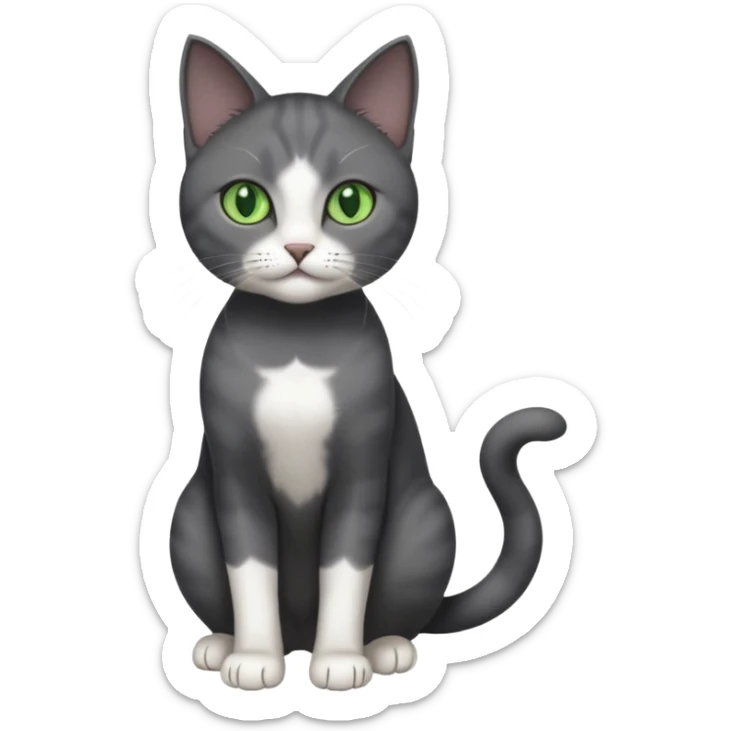 full body view of beautiful female dark grey cat with green eyes, white toes and white patch on chest sticker