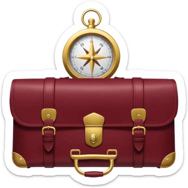 burgundy travel item and  a gold compass in the lower right corner of the emoji in front of travel item sticker