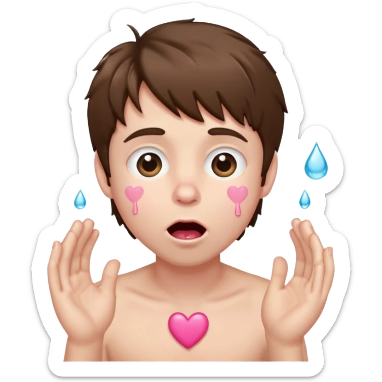 Pale Boy with shaggy brown hair, pink heart shaped eyes looking up , mouth open , water drop dripping from lips, hand grabbing at cheek sticker
