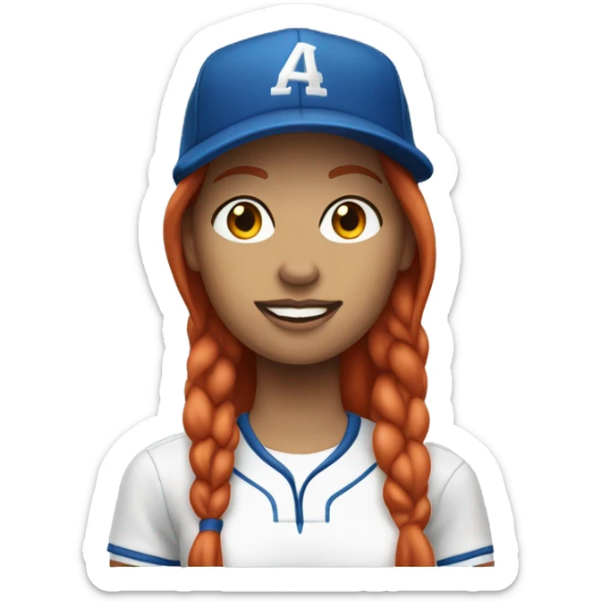 standing up white female coach with long red hair in white t-shirt and with a simple blue baseball hat sticker