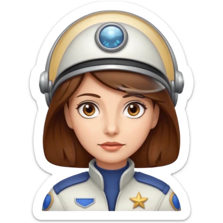 woman with brown hair and brown eyes.  space ship captain with white hat sticker