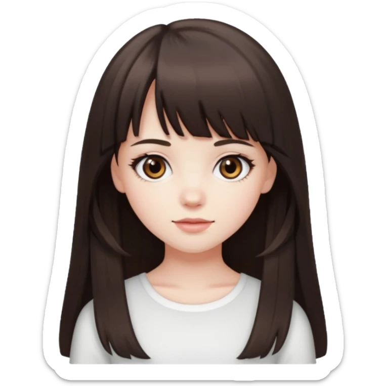 brunette girl with dark brown eyes, pale rosy skin, long hair and wispy bangs and a white top  sticker