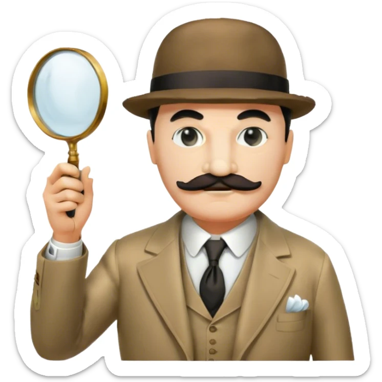 A cinematic-style frame showing Hercule Poirot in his iconic suit, with a magnifying glass, in a dramatic detective pose. Background should be dimly lit with an air of mystery, reflecting the atmosphere of a classic detective film. Transparent background. sticker