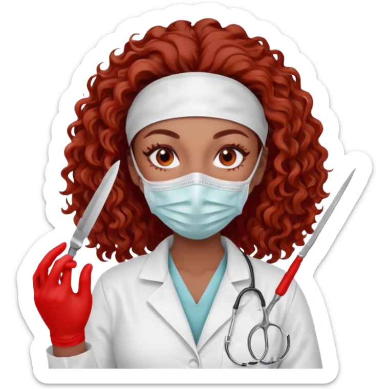 Scary woman scalpel in hand, evil surgeon sexy surgeon clothes.  She has red eyes. Her  brown long curly hair. Wears sexy doctor outfit with red gloves. make her hair free and brown but have mouthy  wear  mask  to hide. Wears white surgeon jacket and  has lon* brown hair. sticker