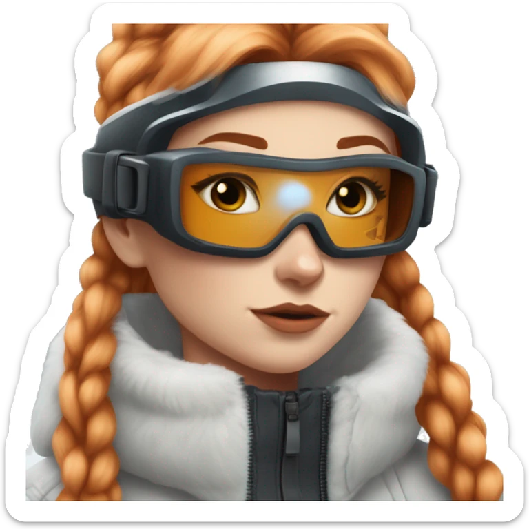 White fair skin, straight hair in a wolf cut, ginger coloured hair, grundge aesthetic, beautiful face, ski goggles on her hair sticker