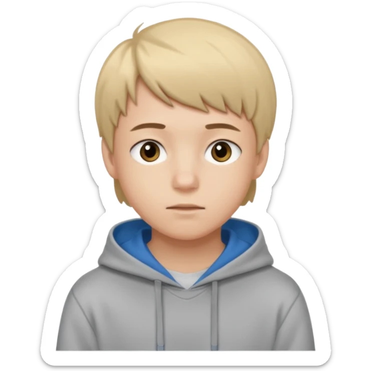 Teen boy with blue eyes mixed with a little Brown eyes and a Grey hoodie who stands up with blond short hair and short bangs sticker