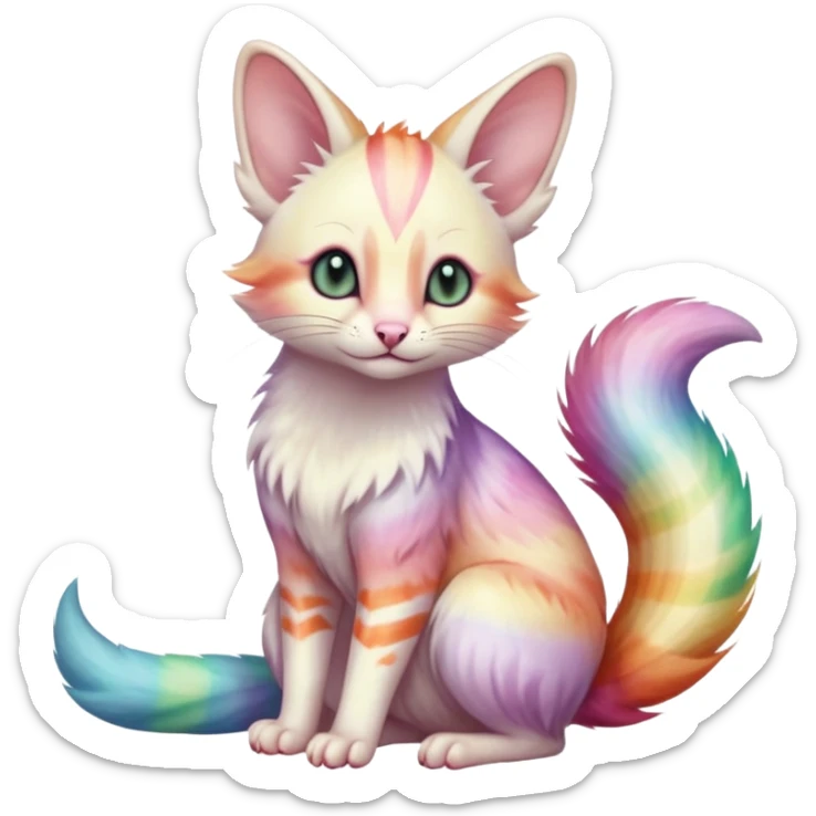  cute adorable pastel-iridescence-gradients albino fur with random colorful iridescent rainbow markings beautiful elegant pretty precious cute  Fakémon-Pokémon-opossum-feline-serval-caracal-chinchilla-Minccino-hybrid-creature with a big fluffy bushy striped tail (full body) sticker