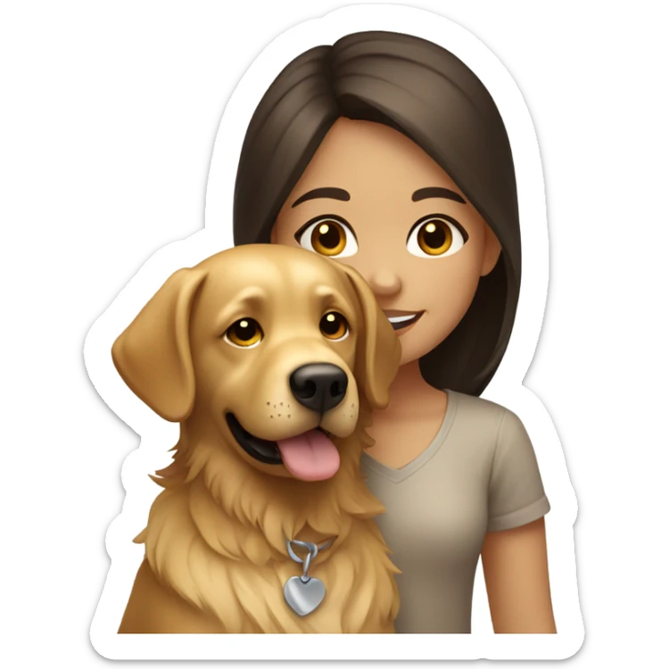 Smiling girl with long dark brown hair and a small shaggy golden Labrador dog with brown eyes sticker