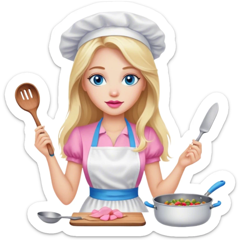 Cinematic realistic beautiful blonde with long hair, blue eyes and pink lips in a white dress cooks sticker