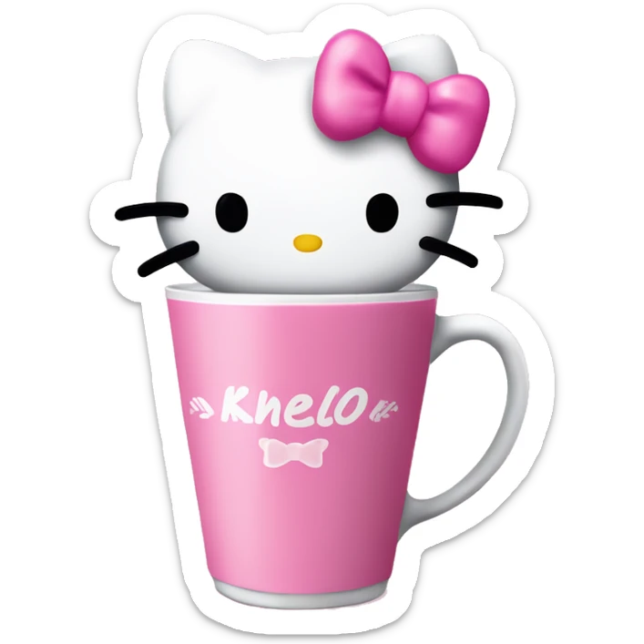 Hello kitty with a pink bow at a all pink coffee shop drinking coffee with a pink bow on the coffe cup￼ sticker