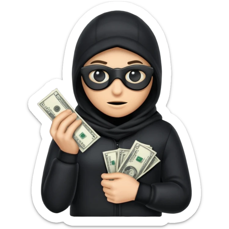 Robber with money na mão direita com uma blusa de frio preta  sticker