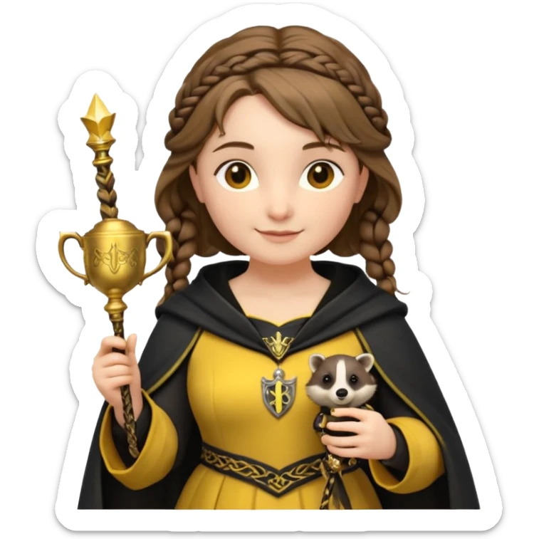 Helga Hufflepuff,the Hogwarts founder of Hufflepuff,brown-haired,2braids,yellow-black medieval dress with black cloak decorated with gold braiding,flickering magic wand and tiny two-handled shiny gold cup engraved with the badger silhouette,very kind smile,curvy busty sweet sticker