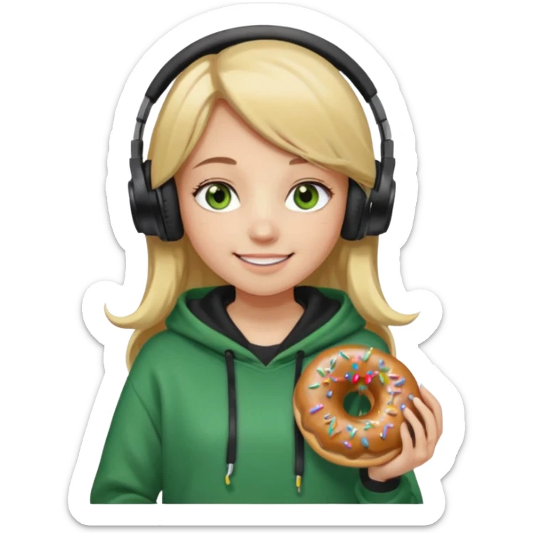 a girl with long brown hair blonde ends green and wearing black headphones she is wearing a cream coulor baggy hoddie she is happyish holding a donut sticker