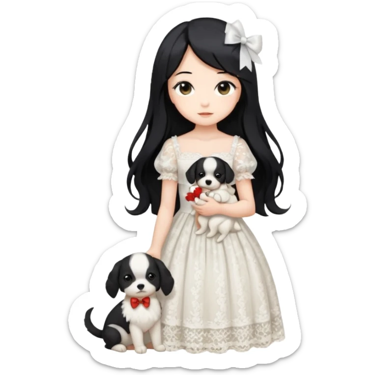 Pastel anime lady long hair with long lace dress full body holding puppy sticker