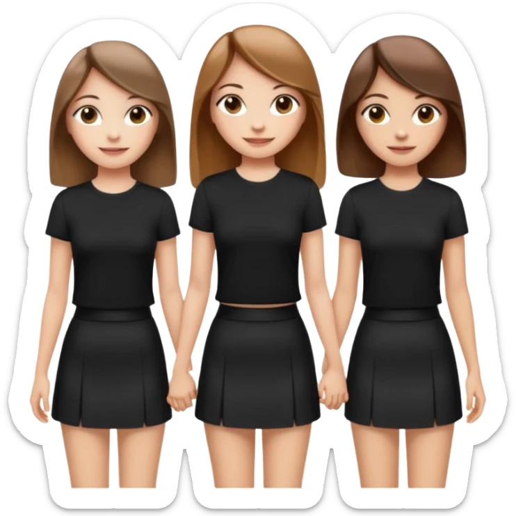 emoji of a girl with long, straight light brown hair, fair skin, soft brown eyes. Wearing a stylish black top and mini skirt. Full-height, standing confidently with shoulders back, head up, smiling proudly. Surrounded by 3 women next to her, holding hands. women have different eye color sticker