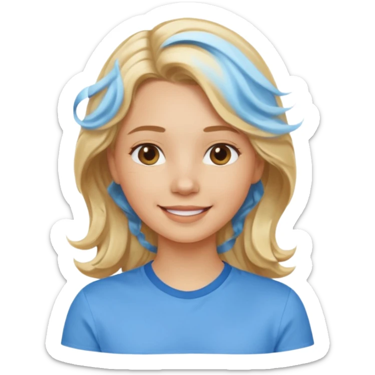 Happy blond girl with light weavy hair with a blue shirt but we can see only her face and neck and the top of the t shirt, no whole body sticker