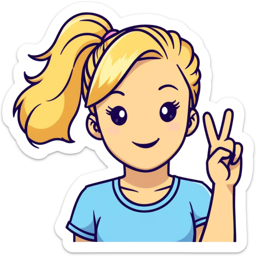 blonde girl with high pony tail hair, winking and making peace sign sticker