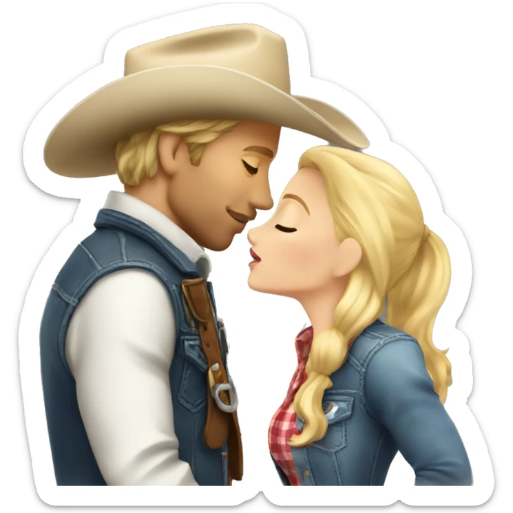 a short blonde cowgirl kissing the cheek of a tall blonde cowboy sticker