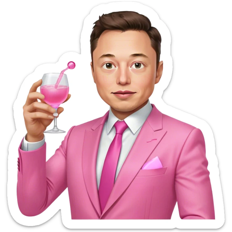 Elon Musk, dressed in an all-pink suit, with one hand holding a pink tequila shot sticker