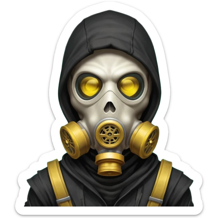 skeleton wearing a gas mask portrait, head and shoulders only, dark hood, glowing eyes inside mask, post-apocalyptic vibe, 3D cartoon, mobile game icon style, clean background, no text, no watermark
 sticker