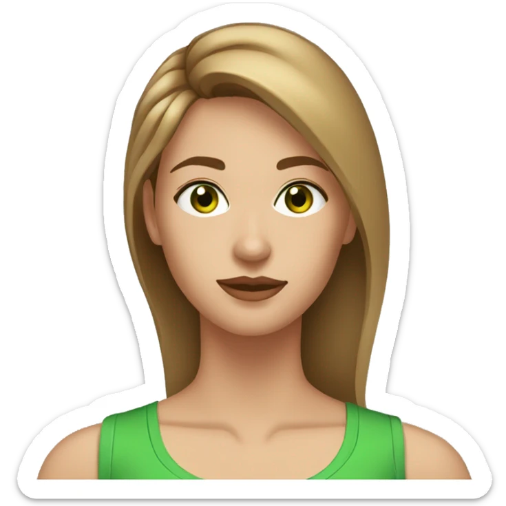 Woman with asymmetrical light brown hair, short on one side, green eyes at the gym sticker