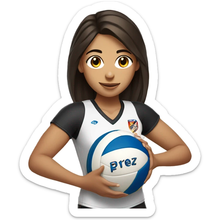 Female girl volleyball player with dark brown hair holding a volleyball with a jersey with the name Pérez on the back sticker