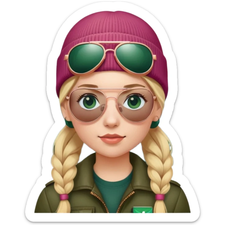 girl with pigtailed blond hair
with blue eyes
and aviator sunglasses
wearing beanie
wearing (rose gold apple watch with forest green band) sticker