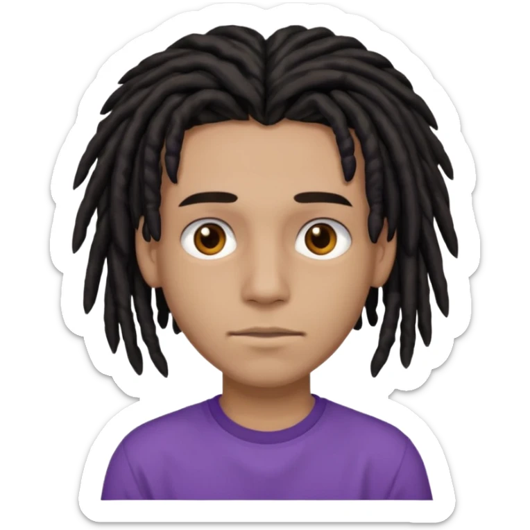brown teen with black dreads in a middle part with brown eyes and a small faint mustache and purple shirt sticker