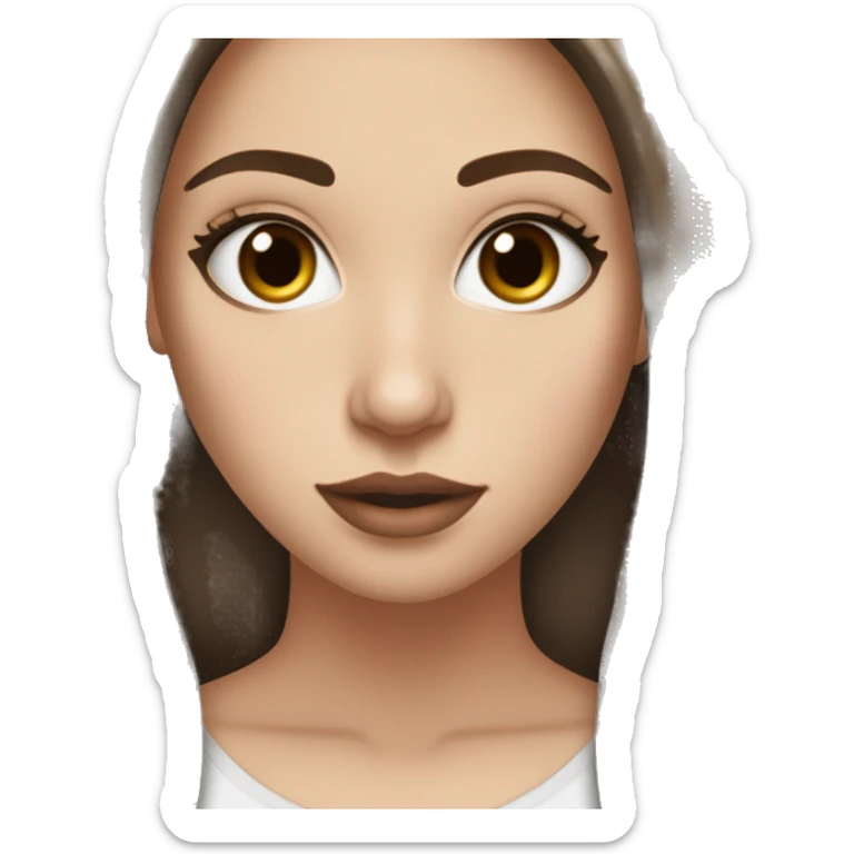 a white girl with dark brown milking brown straight hair middle part that’s short and ends the length on her shoulders with brown eyes and long eyelashes with lots of mascara on them and lipgloss on the lips plesse sticker