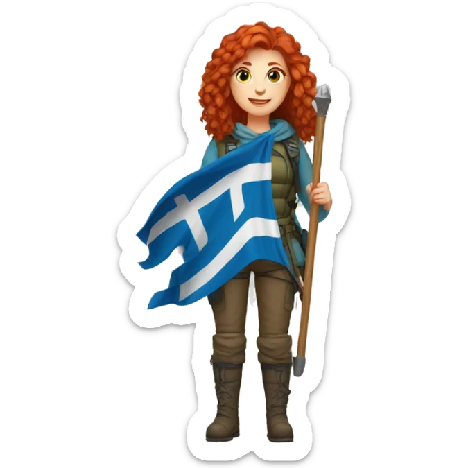 female winter mountaineer red hair holding greek flag sticker