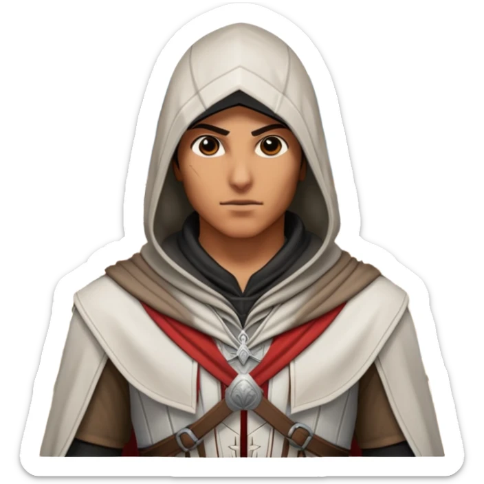 icon featuring Assasin's Creed in an iconic assassin's hood, standing tall against the backdrop of Florence. The design captures the essence of adventure, with intricate details of historical architecture and a sense of mystery. The character is poised, ready for action. transparent background. sticker